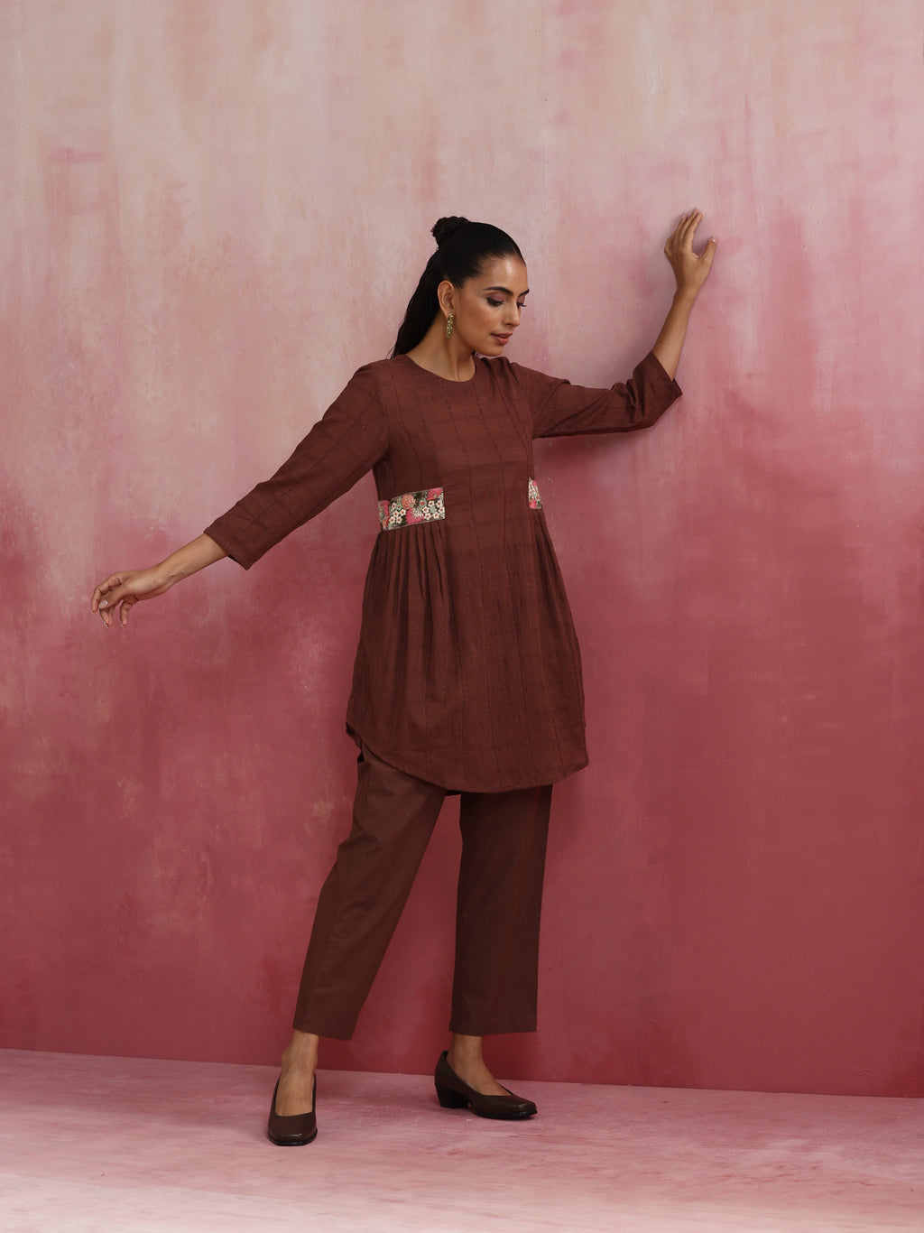 trueBrowns Brown Cotton Dobby Kurta Co-ord set | Grocsy