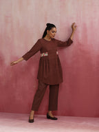 trueBrowns Brown Cotton Dobby Kurta Co-ord set | Grocsy