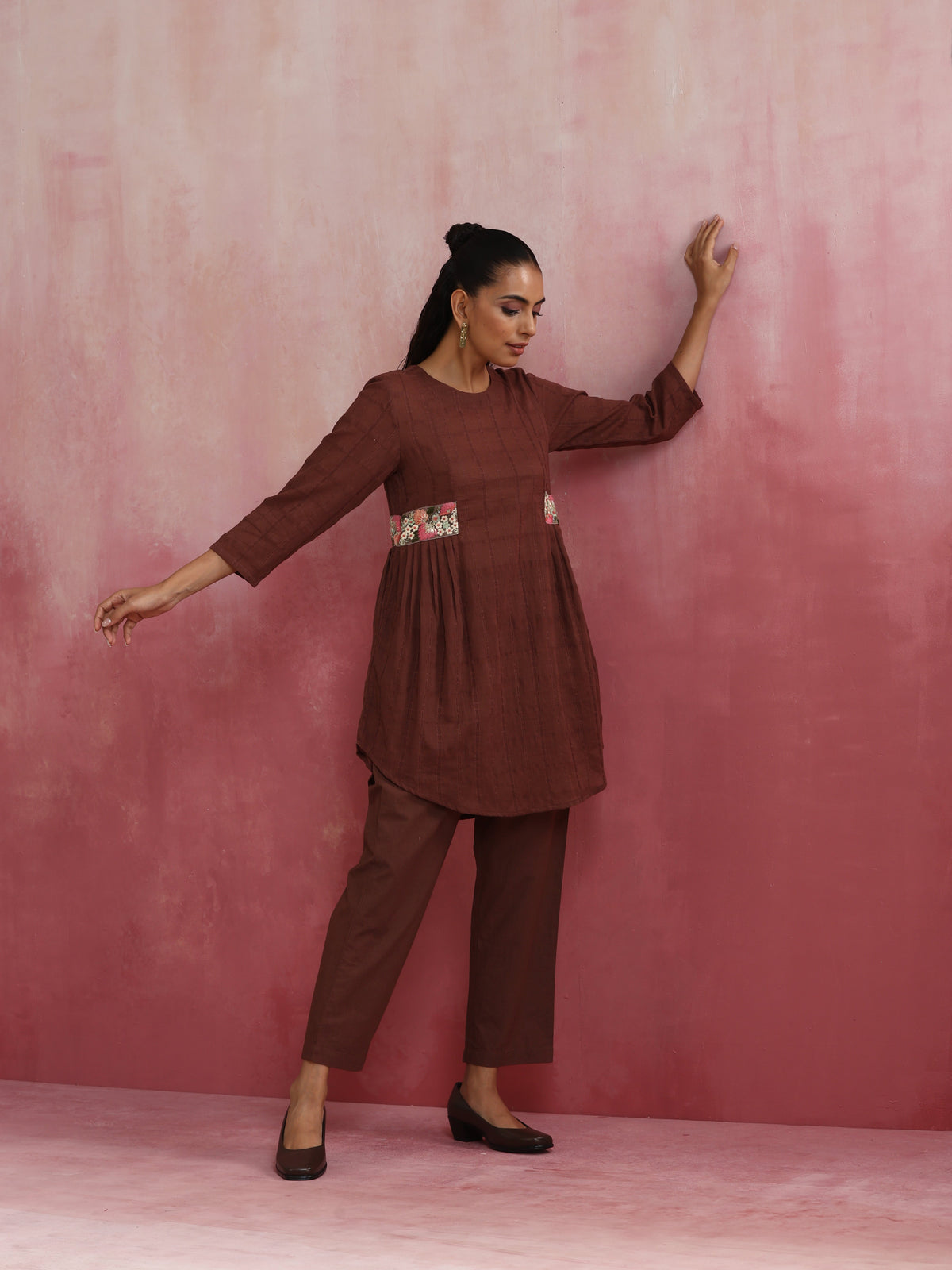 trueBrowns Brown Cotton Dobby Kurta Co-ord set | Grocsy