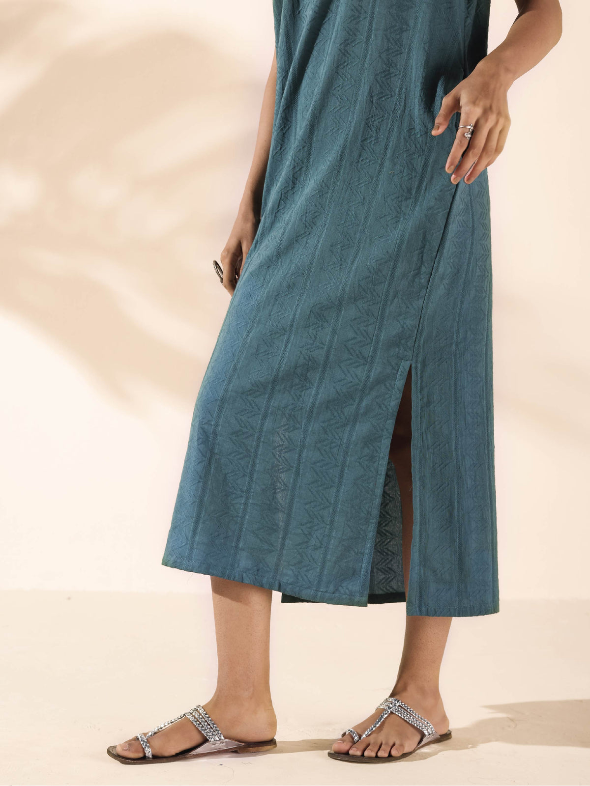 trueBrowns Turquoise Cotton Dobby Dress | Grocsy