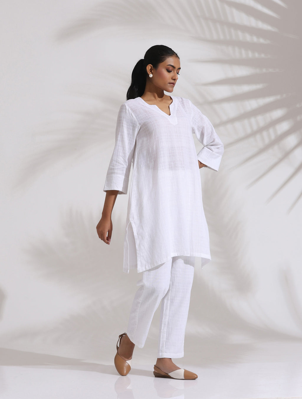 trueBrowns White Cotton Check Kurta Co-ord Set | Grocsy