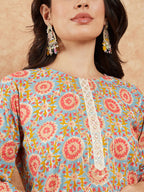 InWeave Women's Light Blue Floral Jaal Gota Work Straight Kurta Pant Set | Grocsy