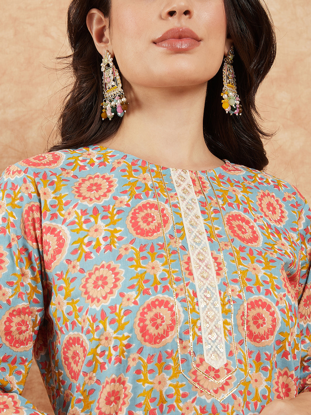 InWeave Women's Light Blue Floral Jaal Gota Work Straight Kurta Pant Set | Grocsy