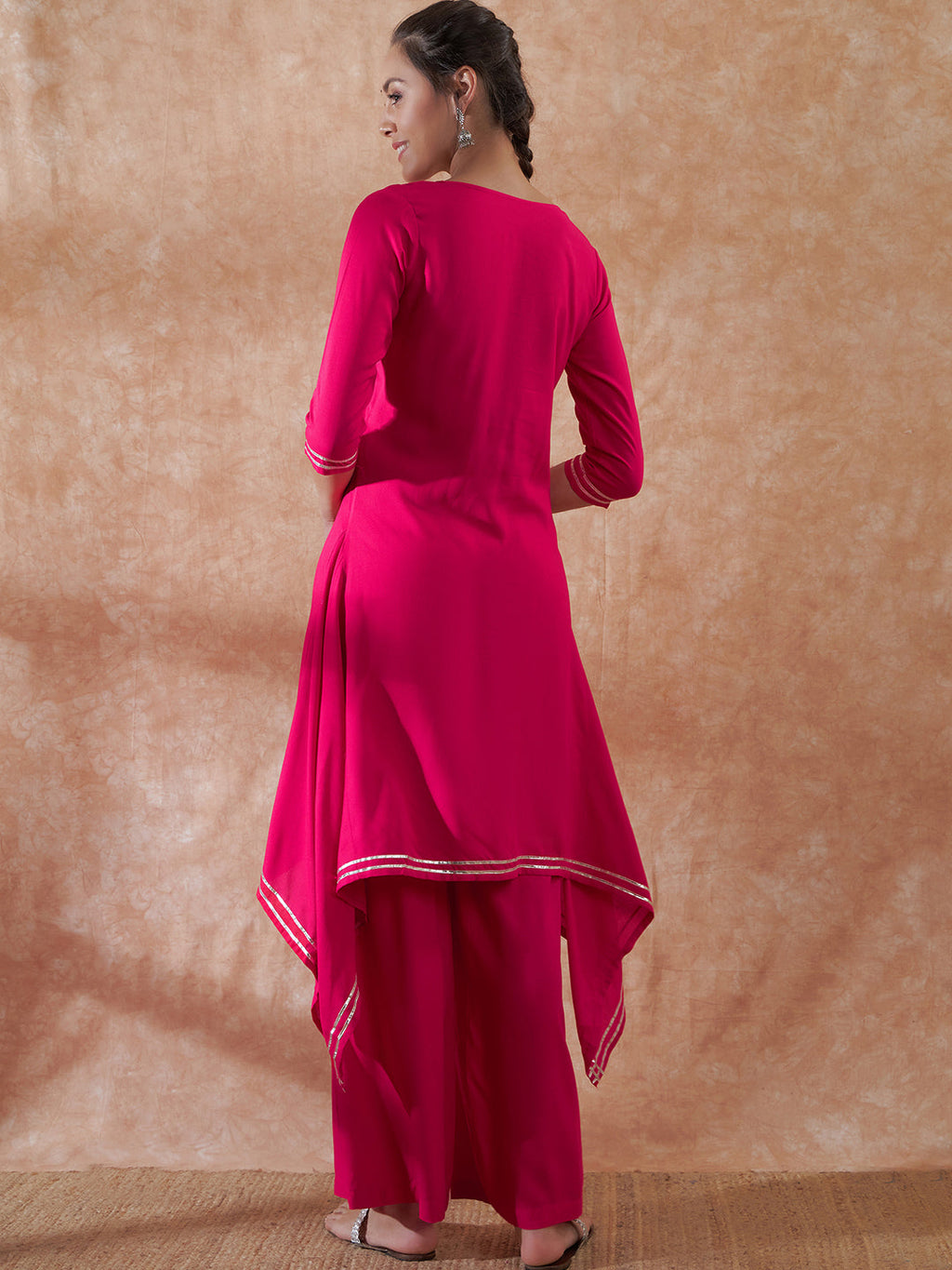 InWeave Women's Magenta Emb Assymetrical Kurta Pant Set | Grocsy