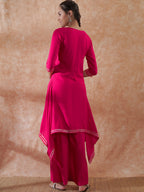 InWeave Women's Magenta Emb Assymetrical Kurta Pant Set | Grocsy