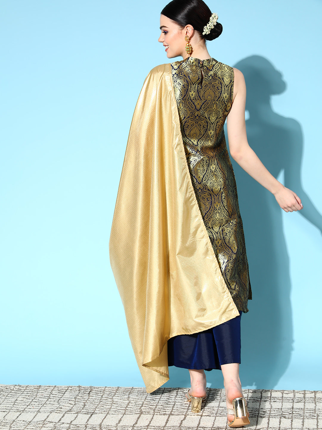 InWeave Women's Blue Banarasi Halter Kurta Set With Golden Dupatta | Grocsy