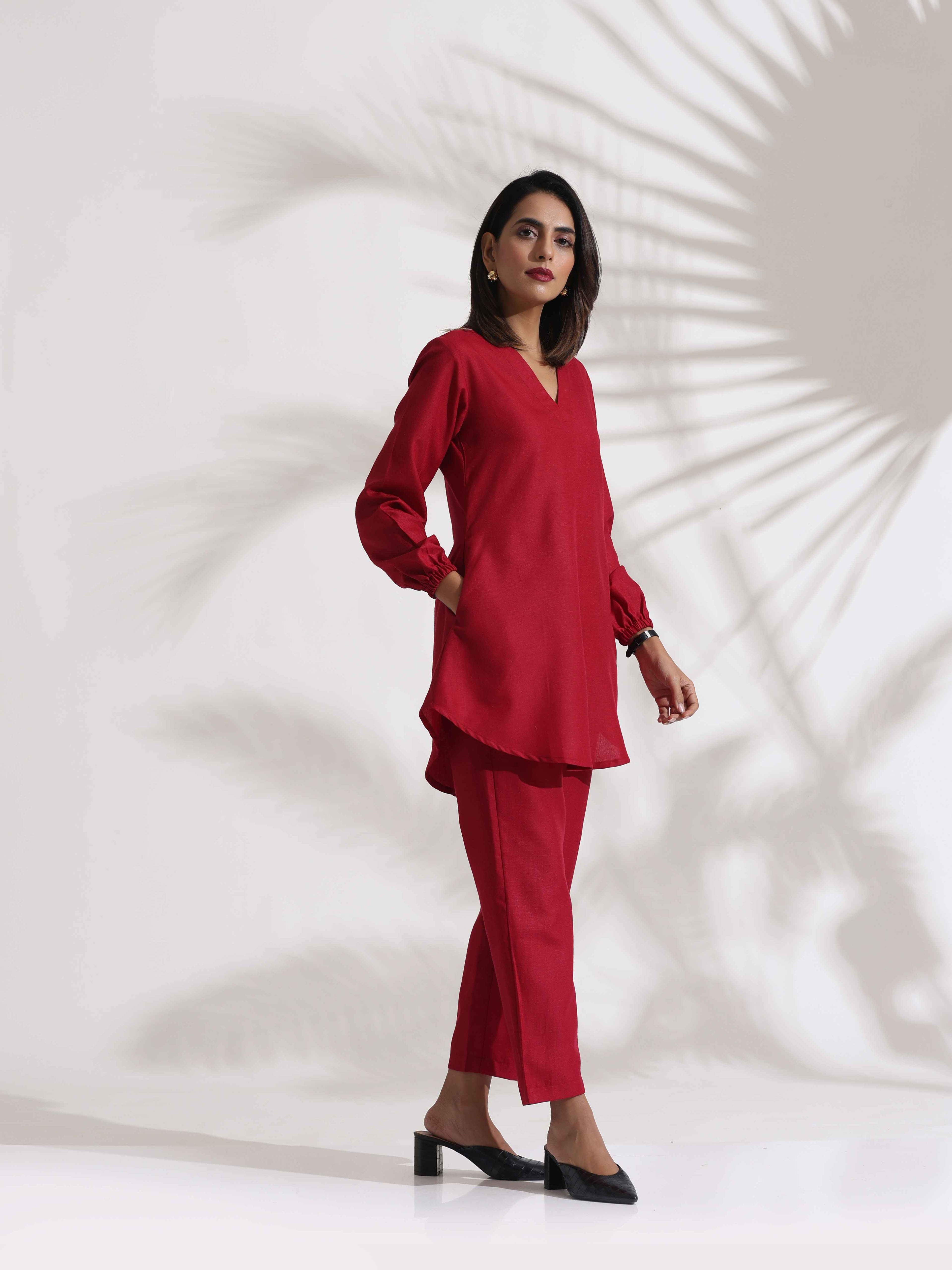 trueBrowns Maroon Slub Co-ord Set | Grocsy