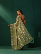 trueBrowns Sage Green Cotton Silver Lurex Striped Ready to Wear Saree | Grocsy