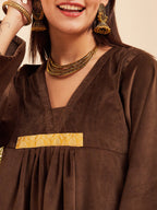 InWeave Women's Brown V Neck Asymmetrical Pleated Velvet Kurta Set | Grocsy