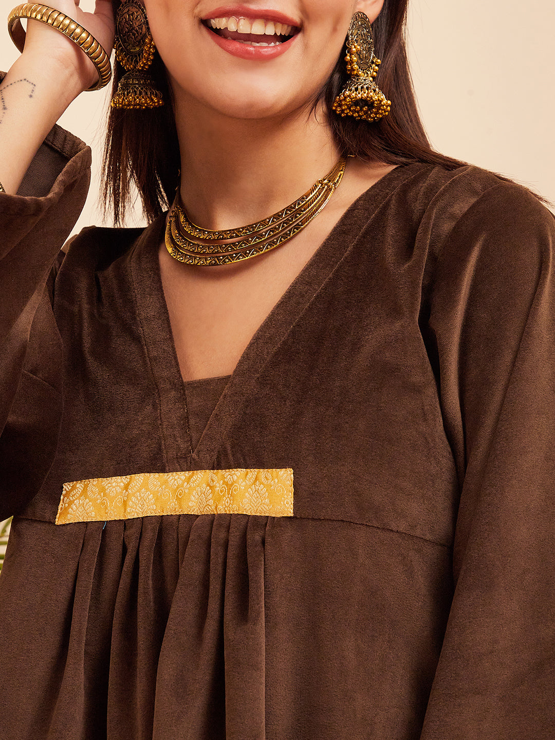 InWeave Women's Brown V Neck Asymmetrical Pleated Velvet Kurta Set | Grocsy