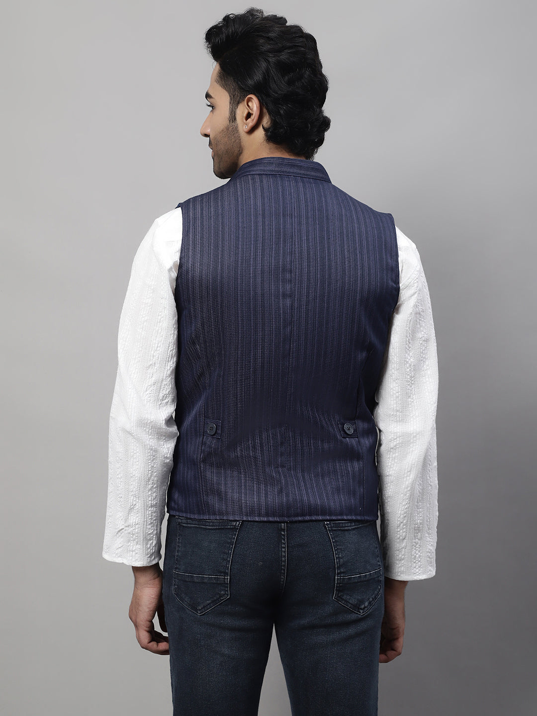 Even Apparels Men's Blue Nehru Jacket With Welt Pockets | Grocsy