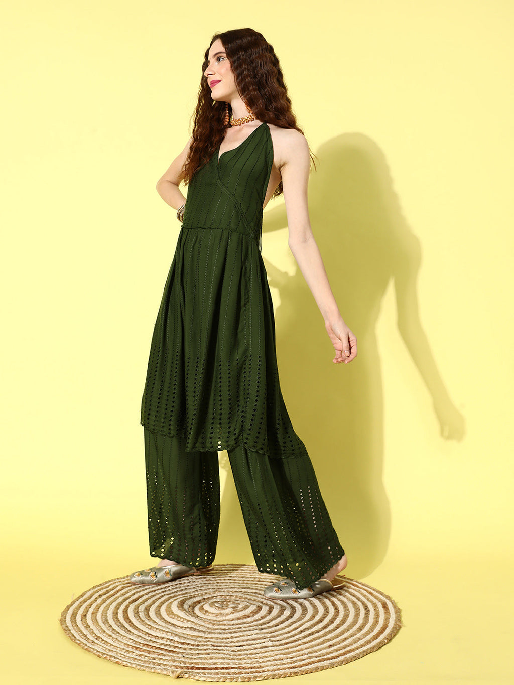 InWeave Women's Green Lace Work Backless Kurta Sharara Set With Lehariya Dupatta | Grocsy