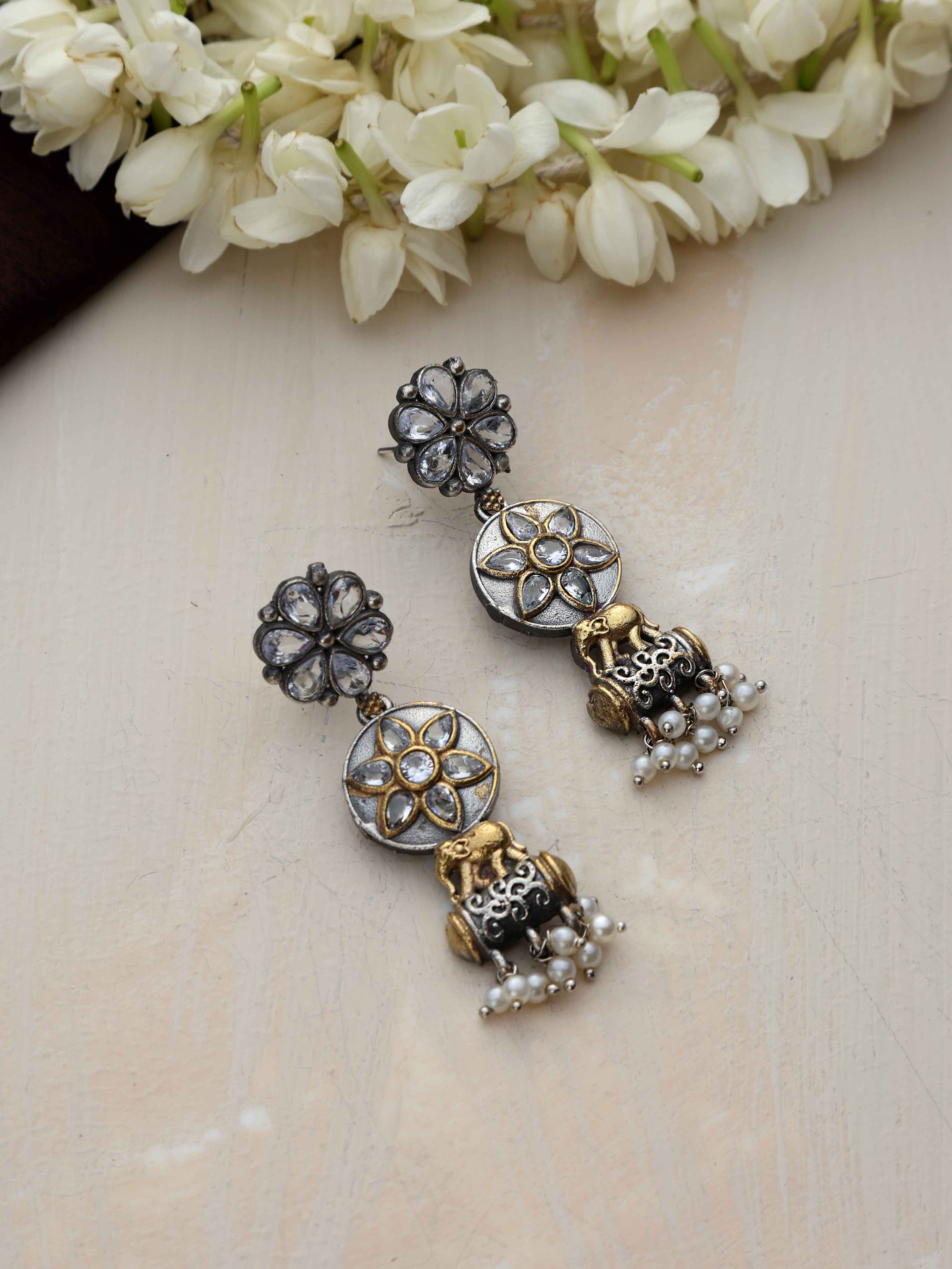 trueBrowns Silver Gold Tone Kundan Earrings | Grocsy
