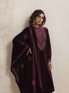 trueBrowns Purple Velvet Floral Embroidered Kurta Pant Dupatta Set | Grocsy