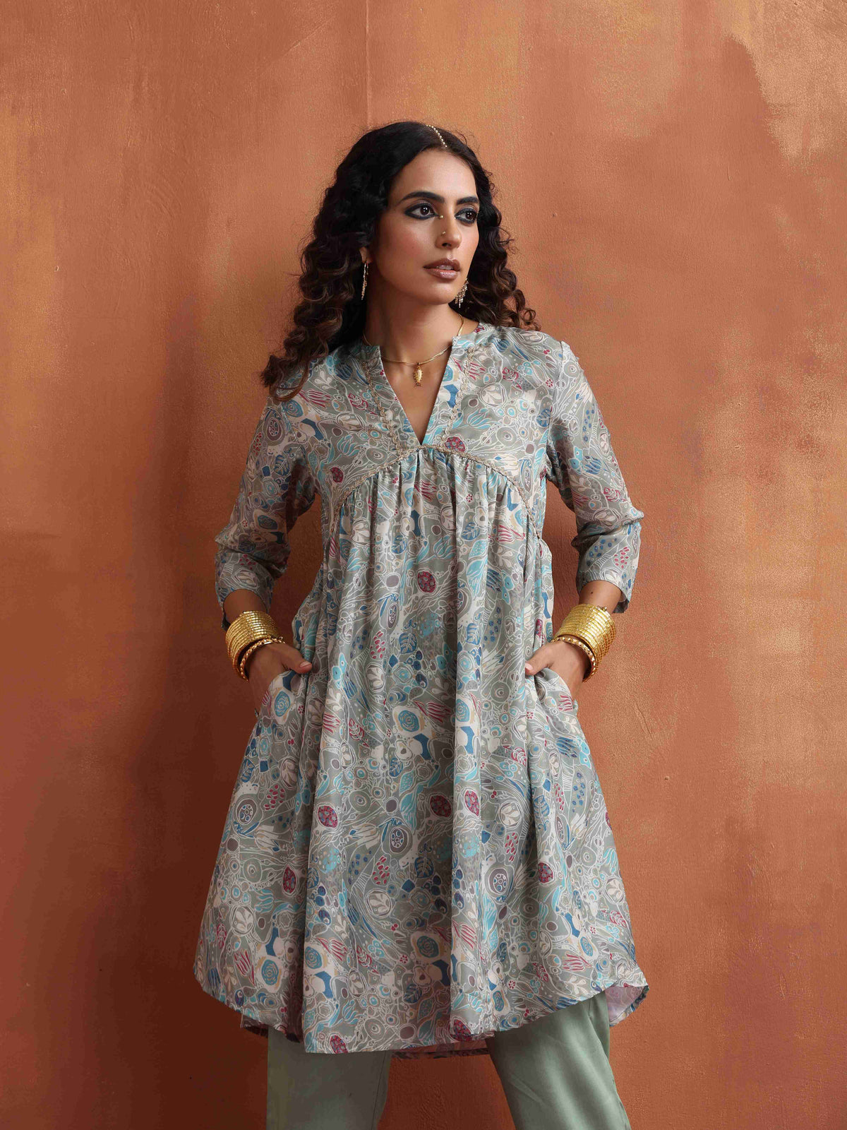 trueBrowns Green Print Flared Kurta Co-ord Set | Grocsy