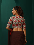 trueBrowns Ivory Red Circle Floral Muslin Silk Printed Deep V-Neck Blouse | Grocsy