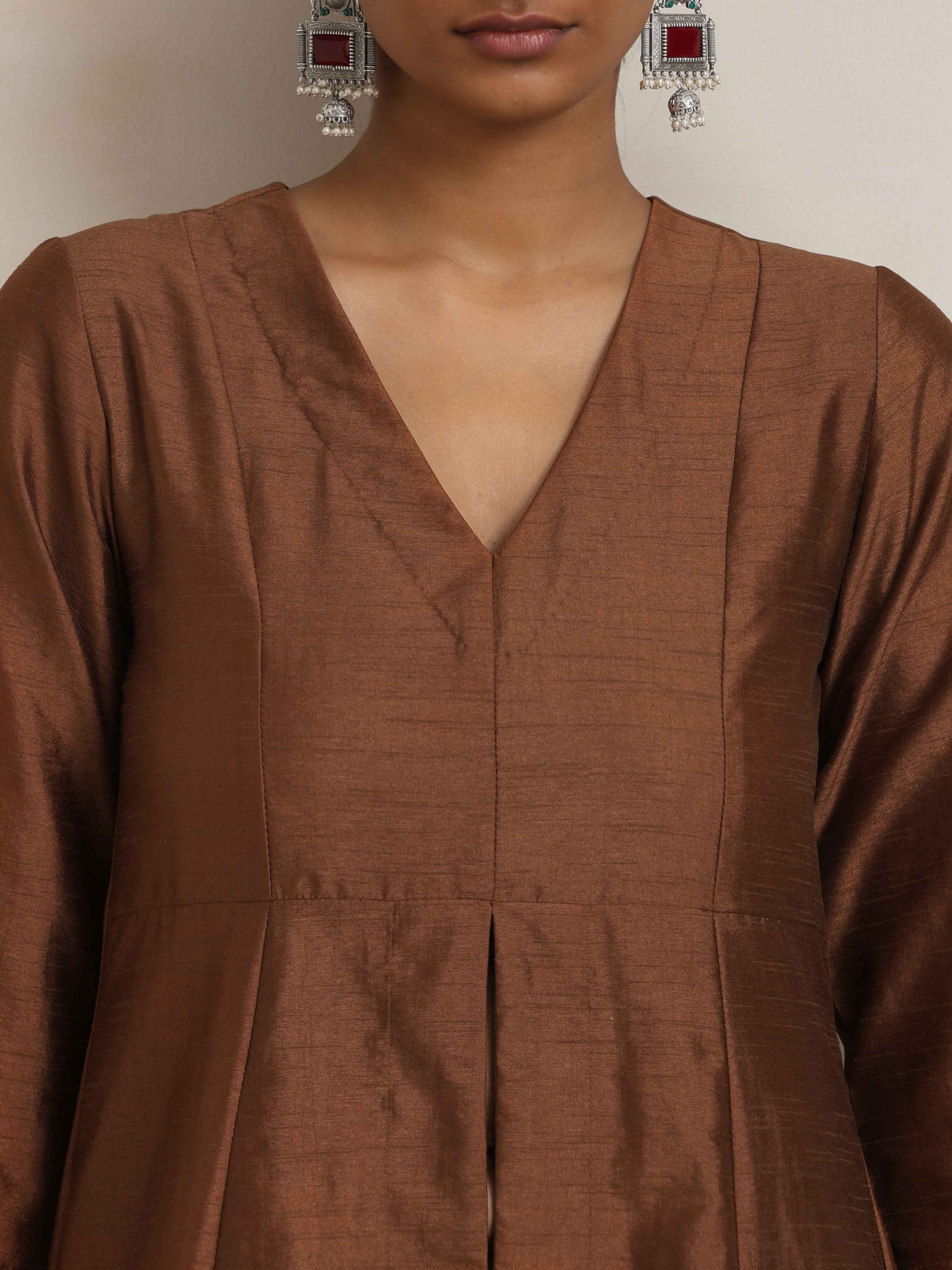 trueBrowns Brown Silk Slit Kurta Set | Grocsy