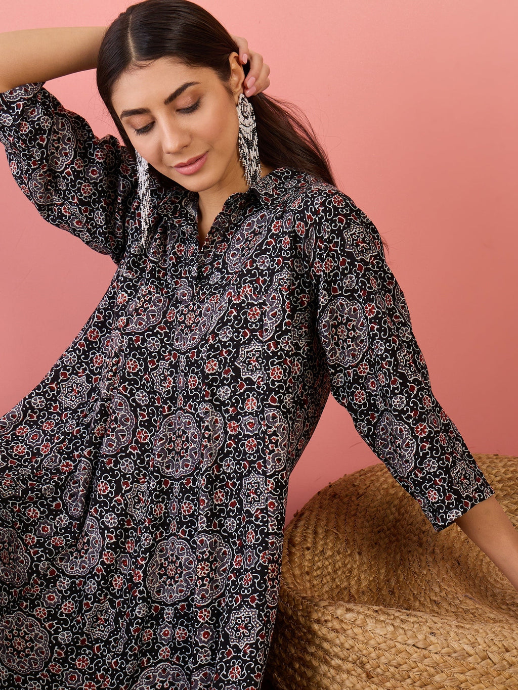 InWeave Black Maroon Ajrakh Foil Collar Flared Dress | Grocsy
