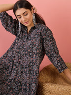 InWeave Black Maroon Ajrakh Foil Collar Flared Dress | Grocsy