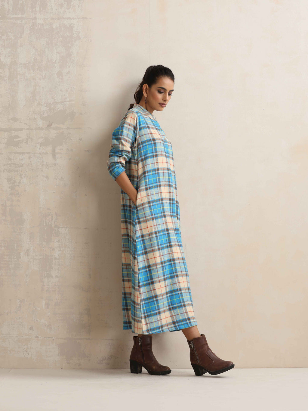 trueBrowns Beige Check Flared Winter Dress | Grocsy