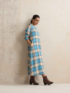 trueBrowns Beige Check Flared Winter Dress | Grocsy