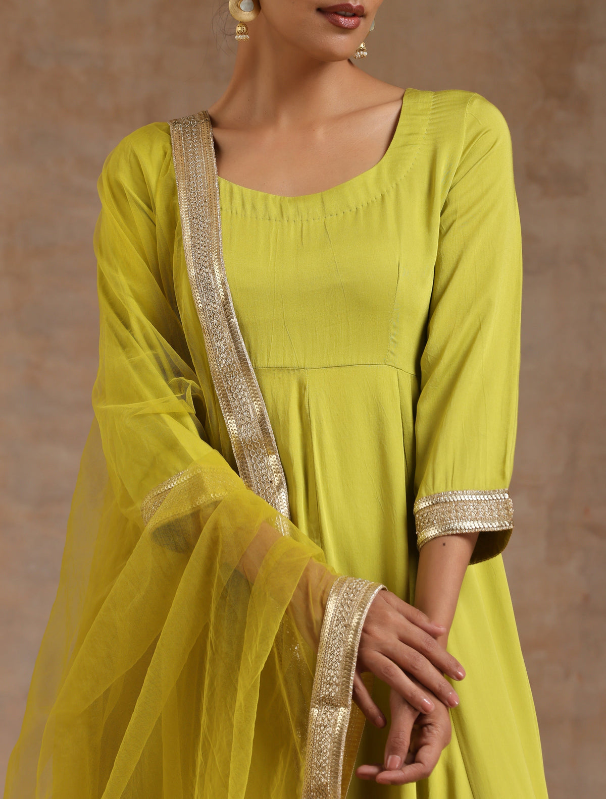 trueBrowns Lime Modal Satin Anarkali Set | Grocsy