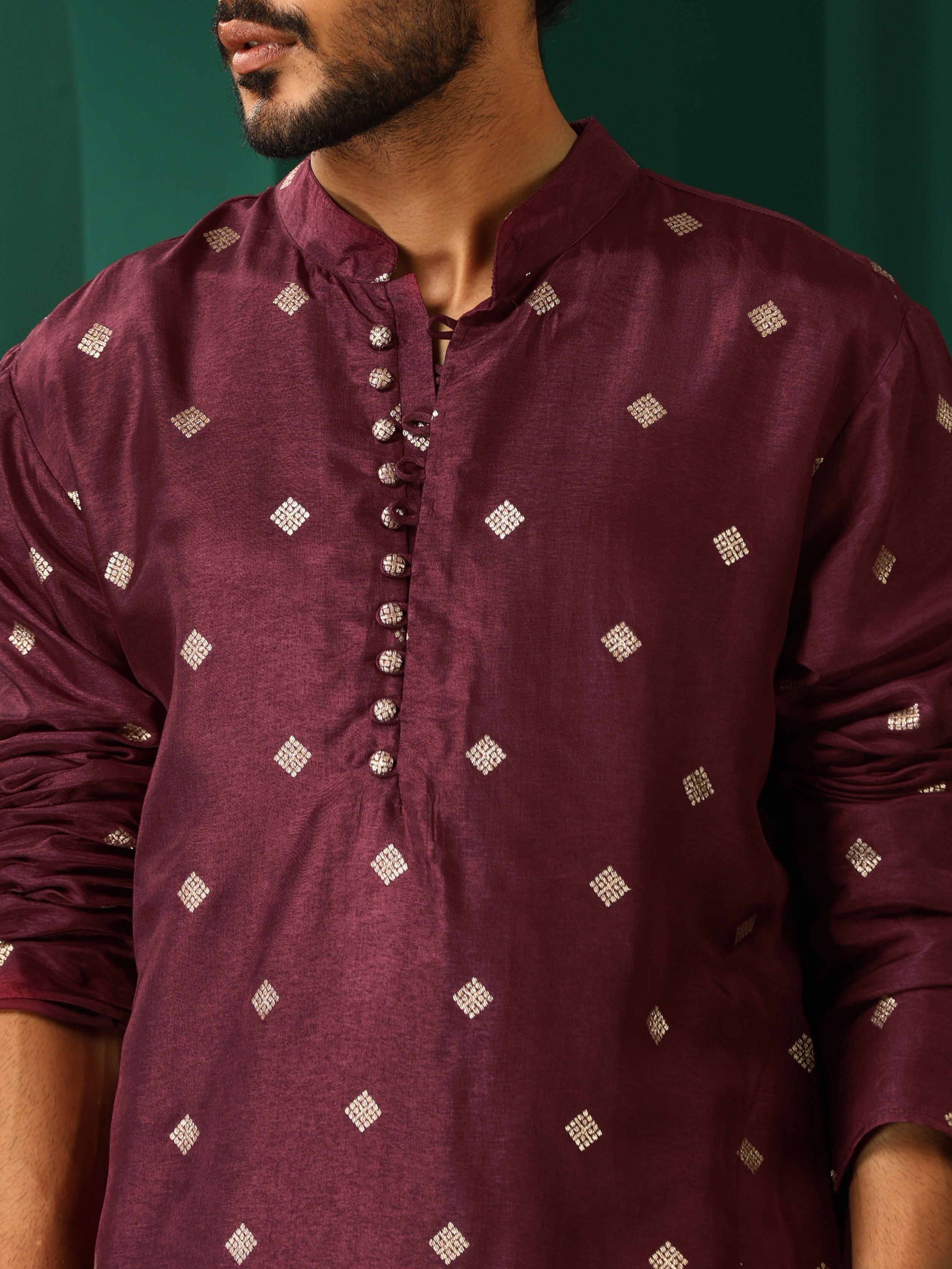trueBrowns Men's Wine Diamond Viscose Silk Co-ord Set | Grocsy