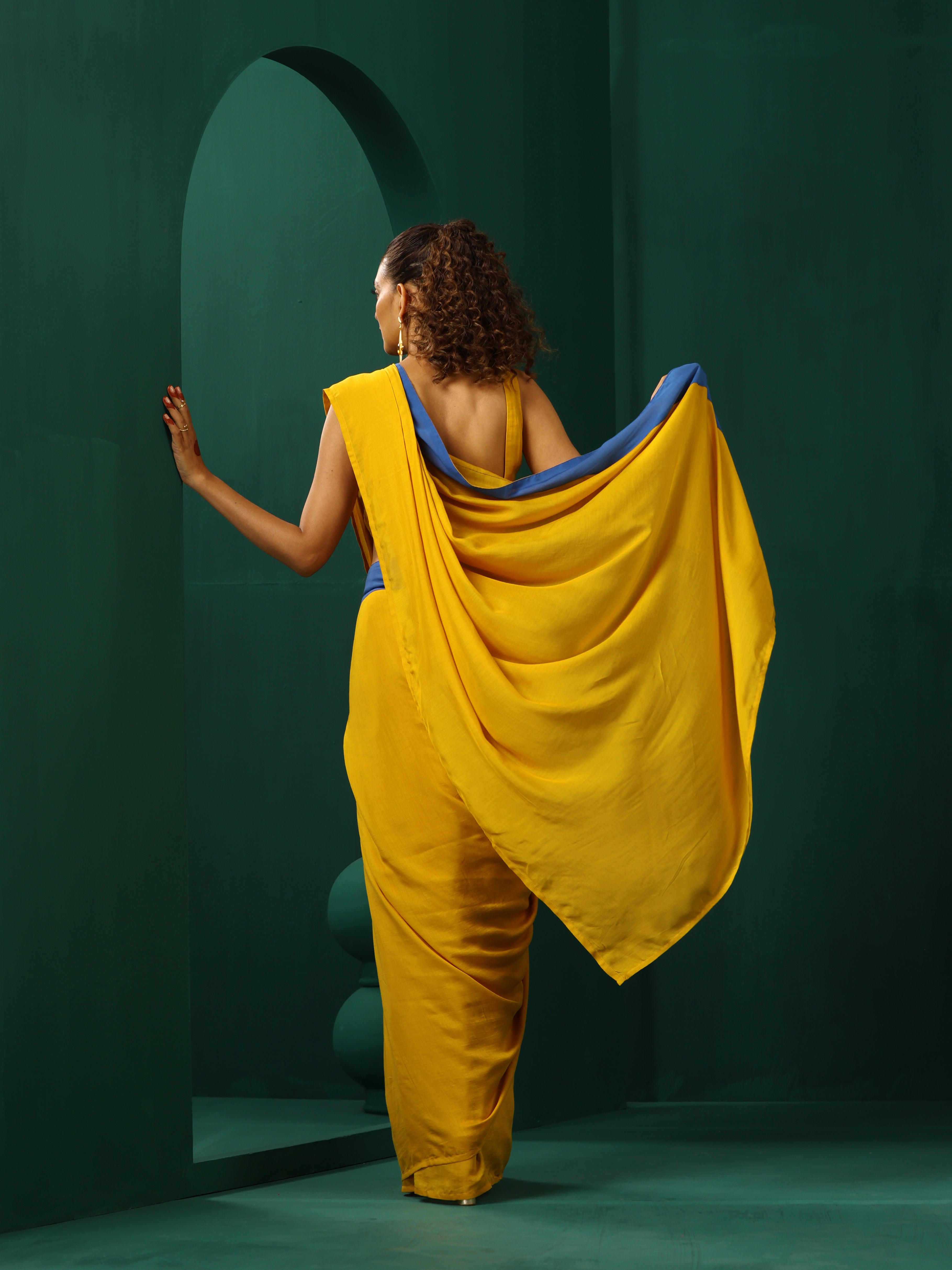 trueBrowns Mustard Muslin Silk Ready to Wear Saree | Grocsy