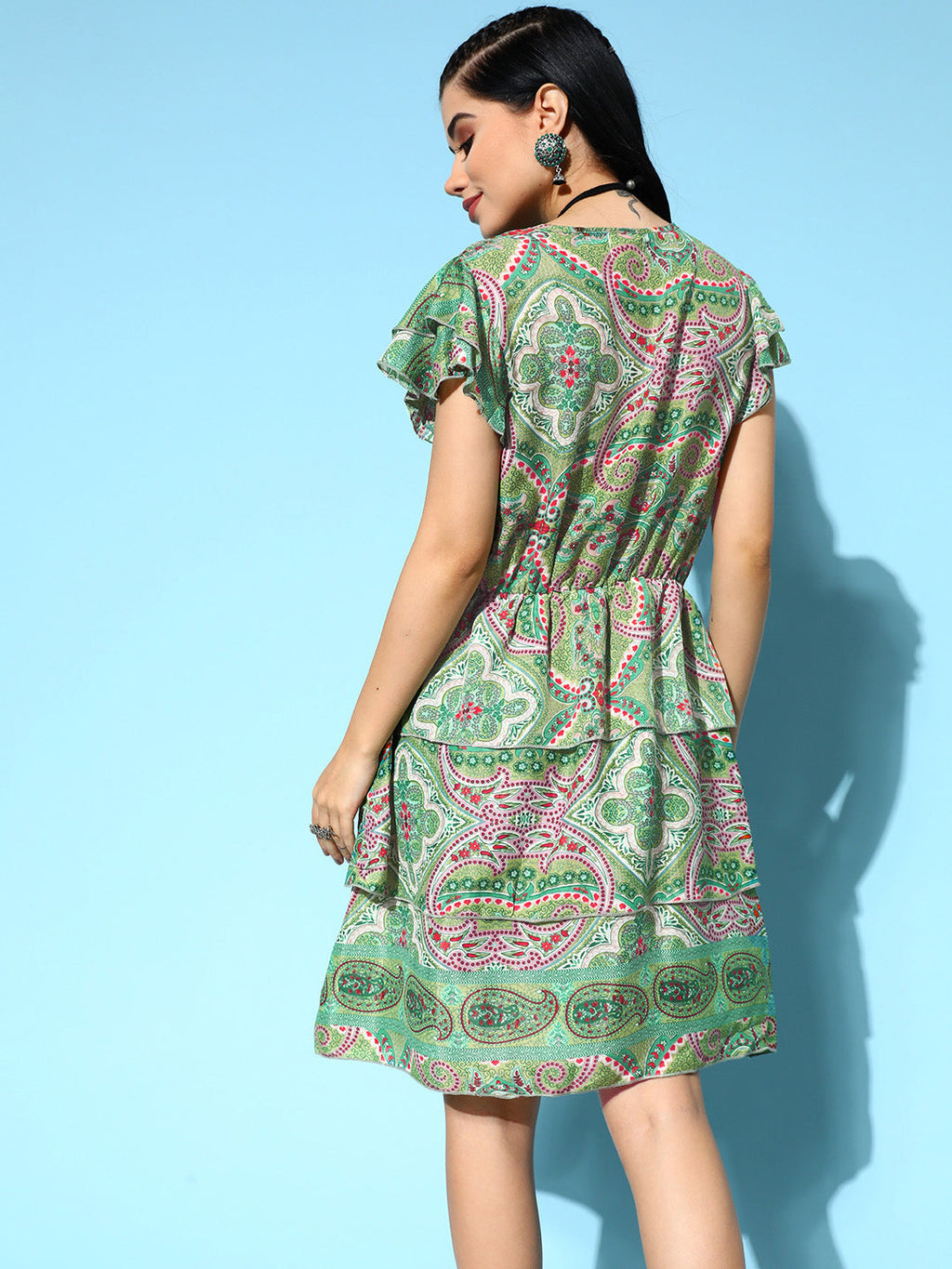 InWeave Women's Soft Green Tiered Short Dress | Grocsy