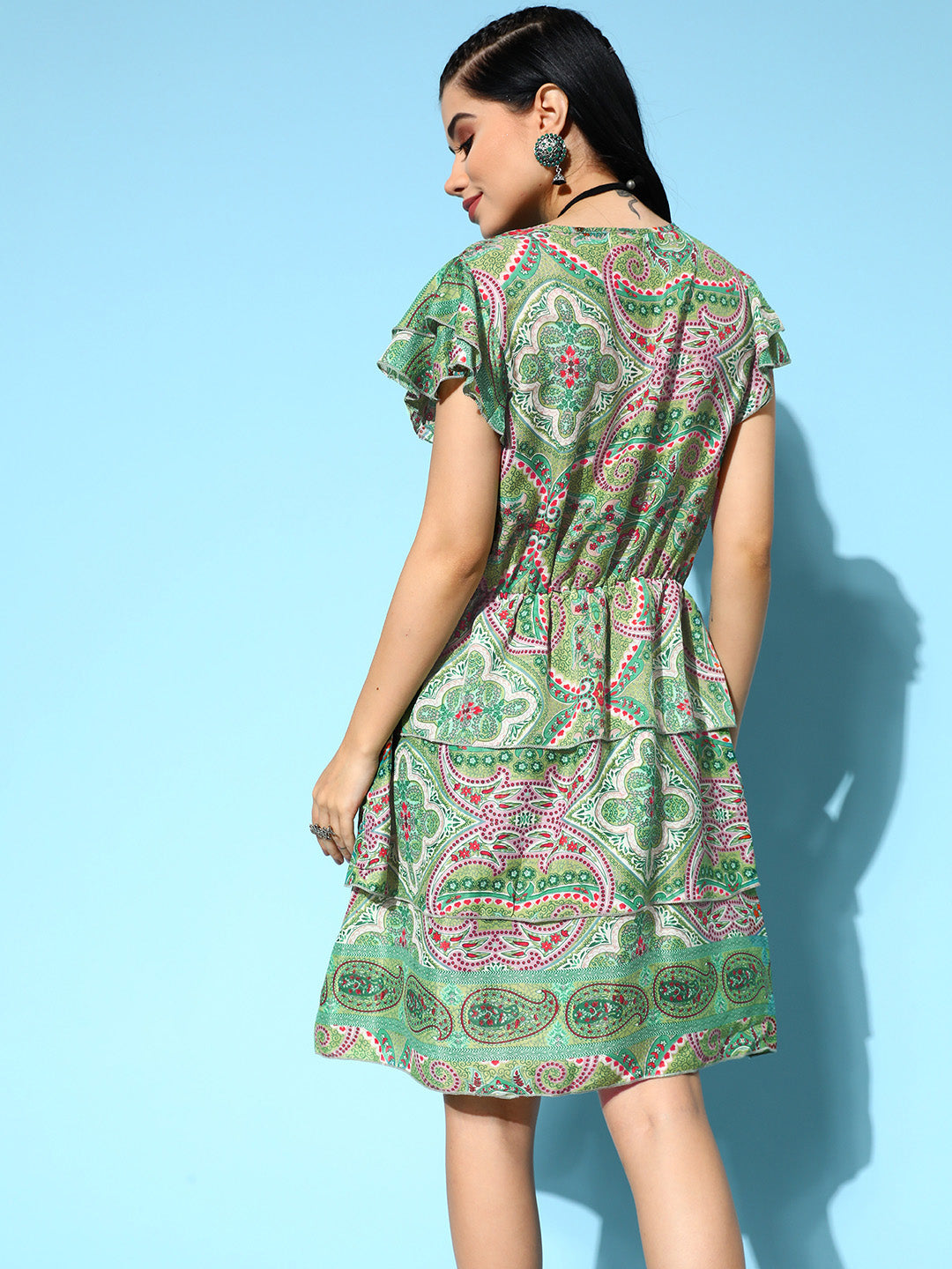 InWeave Women's Soft Green Tiered Short Dress | Grocsy