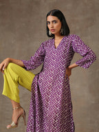 trueBrowns Purple White Lehariya Printed Silk kurta Pant Set | Grocsy
