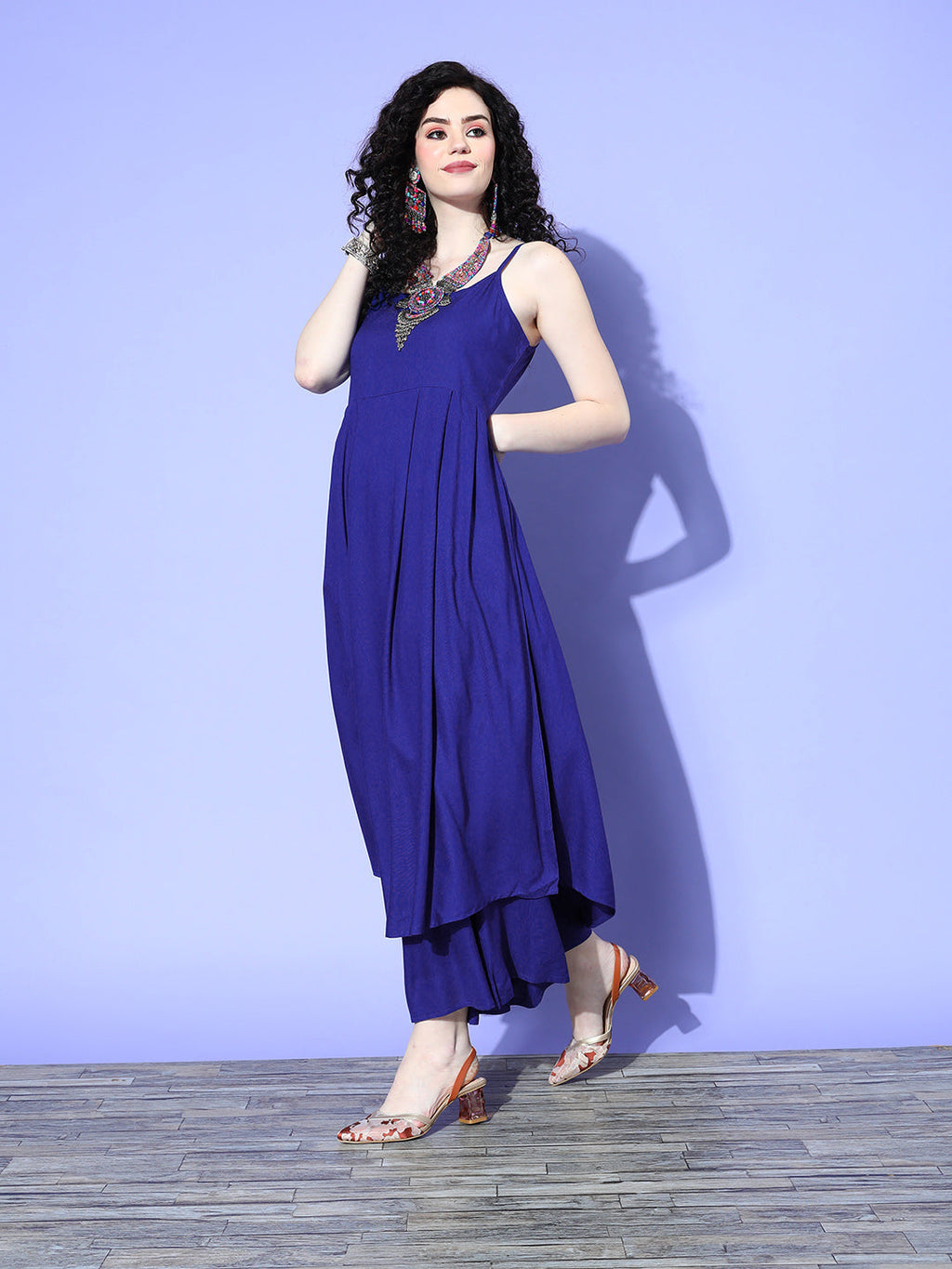 InWeave Women's Strappy Set In Ink Blue With Blue  Fuschia Floral Organza Dupatta | Grocsy