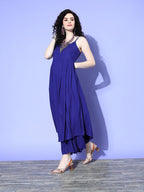 InWeave Women's Strappy Set In Ink Blue With Blue  Fuschia Floral Organza Dupatta | Grocsy