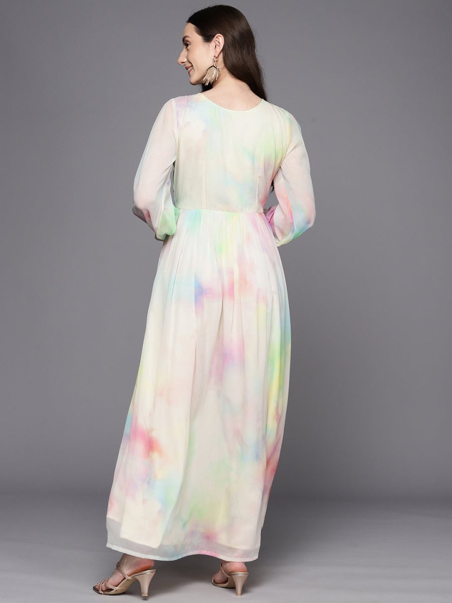 Ahalyaa Abstract Printed Gotta Patti Puff Sleeves Chiffon Maxi Ethnic Dress | Grocsy