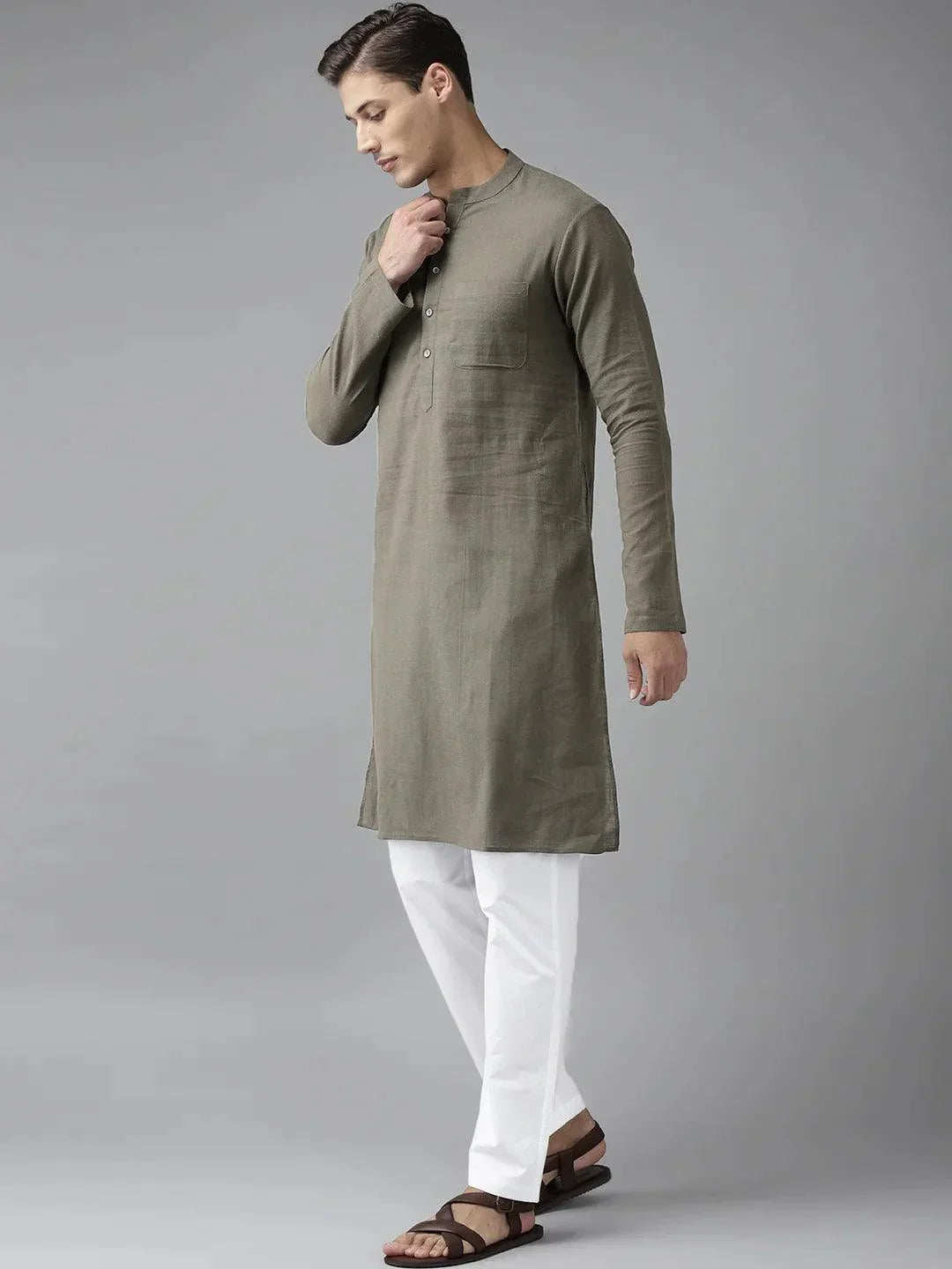 Fabmade Men Khaki Cotton Linen Kurta | Grocsy