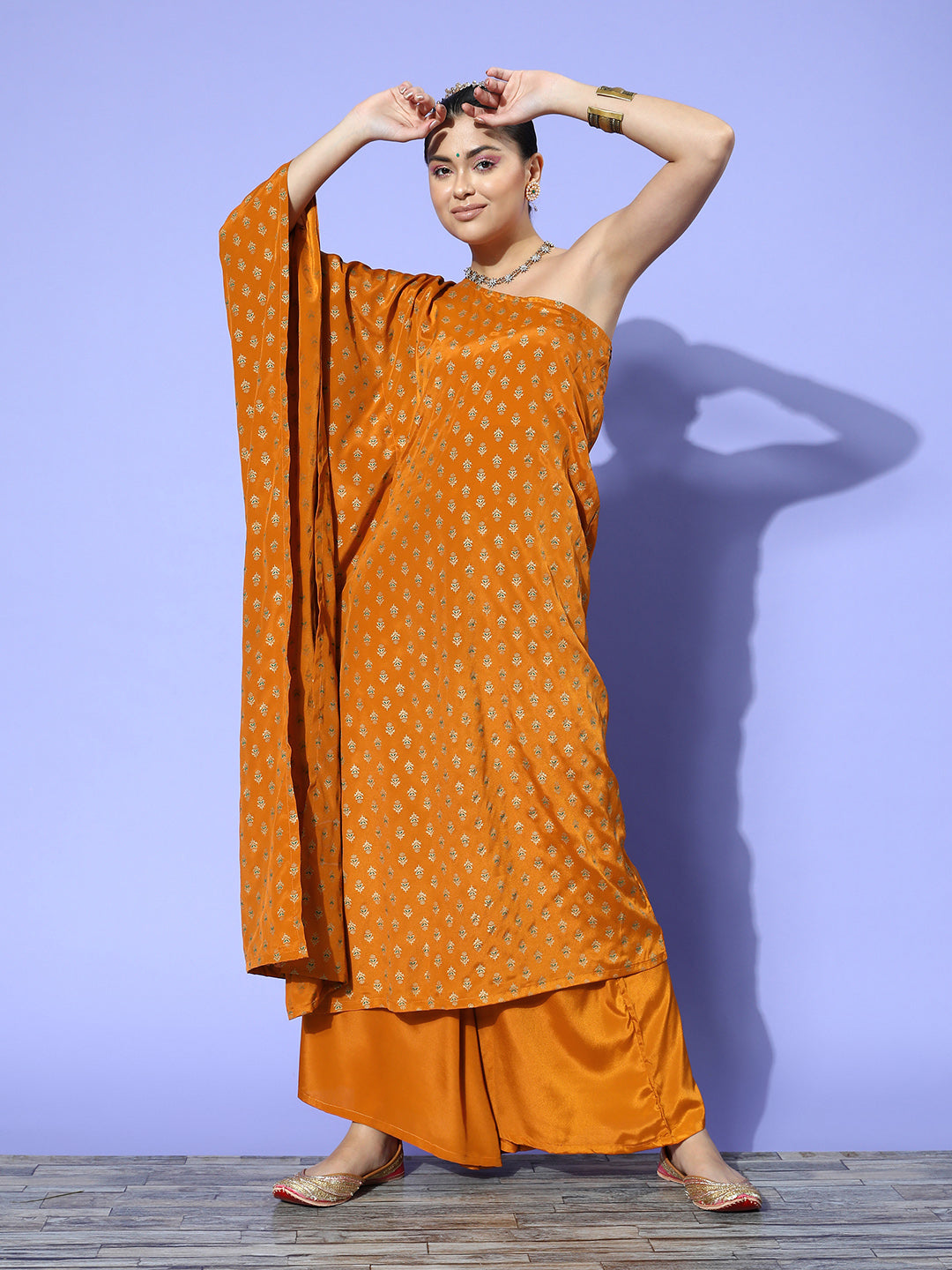 InWeave Women's Mustard Gold Print One Shoulder Kurta Set | Grocsy