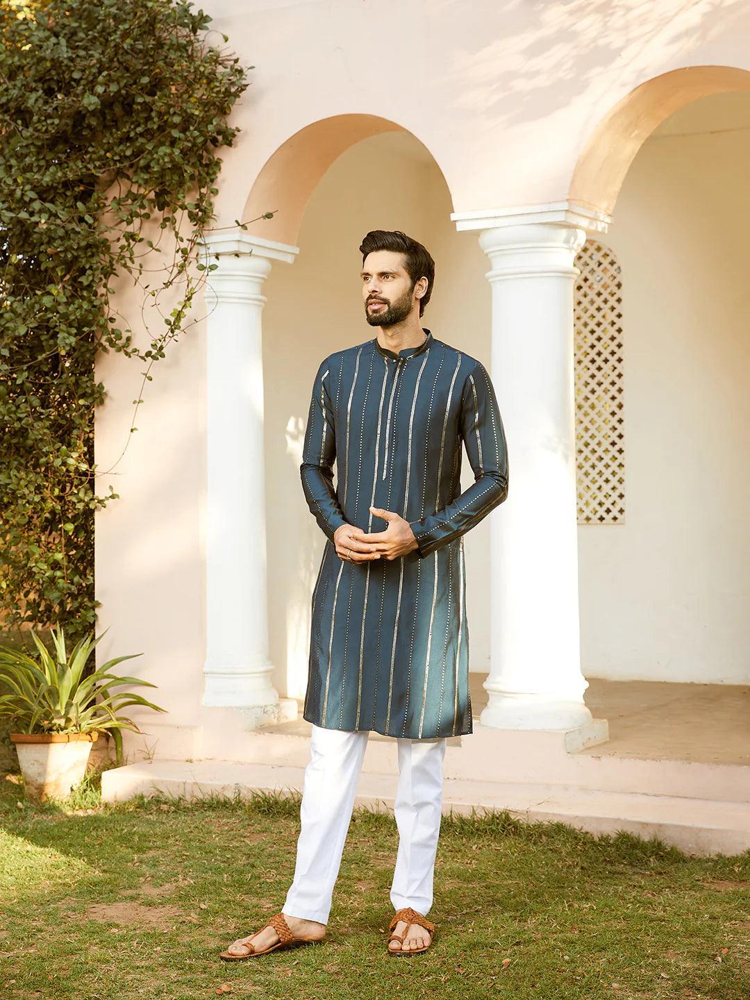Fabmade Embroidered Regular Sequinned Chanderi Silk Kurta With Pyjamas | Grocsy