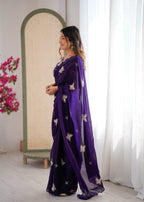Evanik Purple Mos Silk With Handwork Butterfly Design Saree With Unstitched Blouse | Grocsy