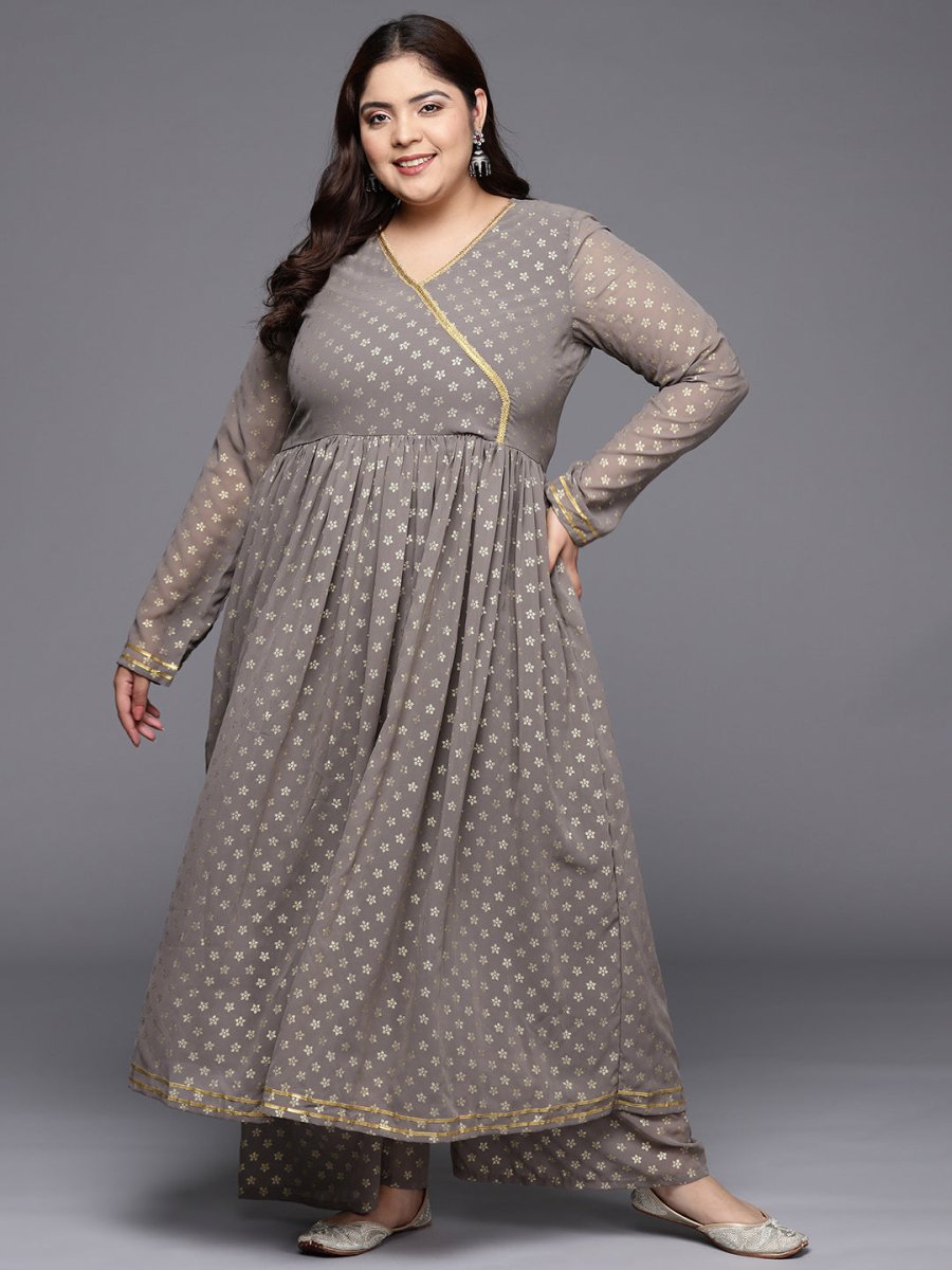Ahalyaa Plus Size Floral Printed Zari Angrakha Kurta with Palazzos | Grocsy