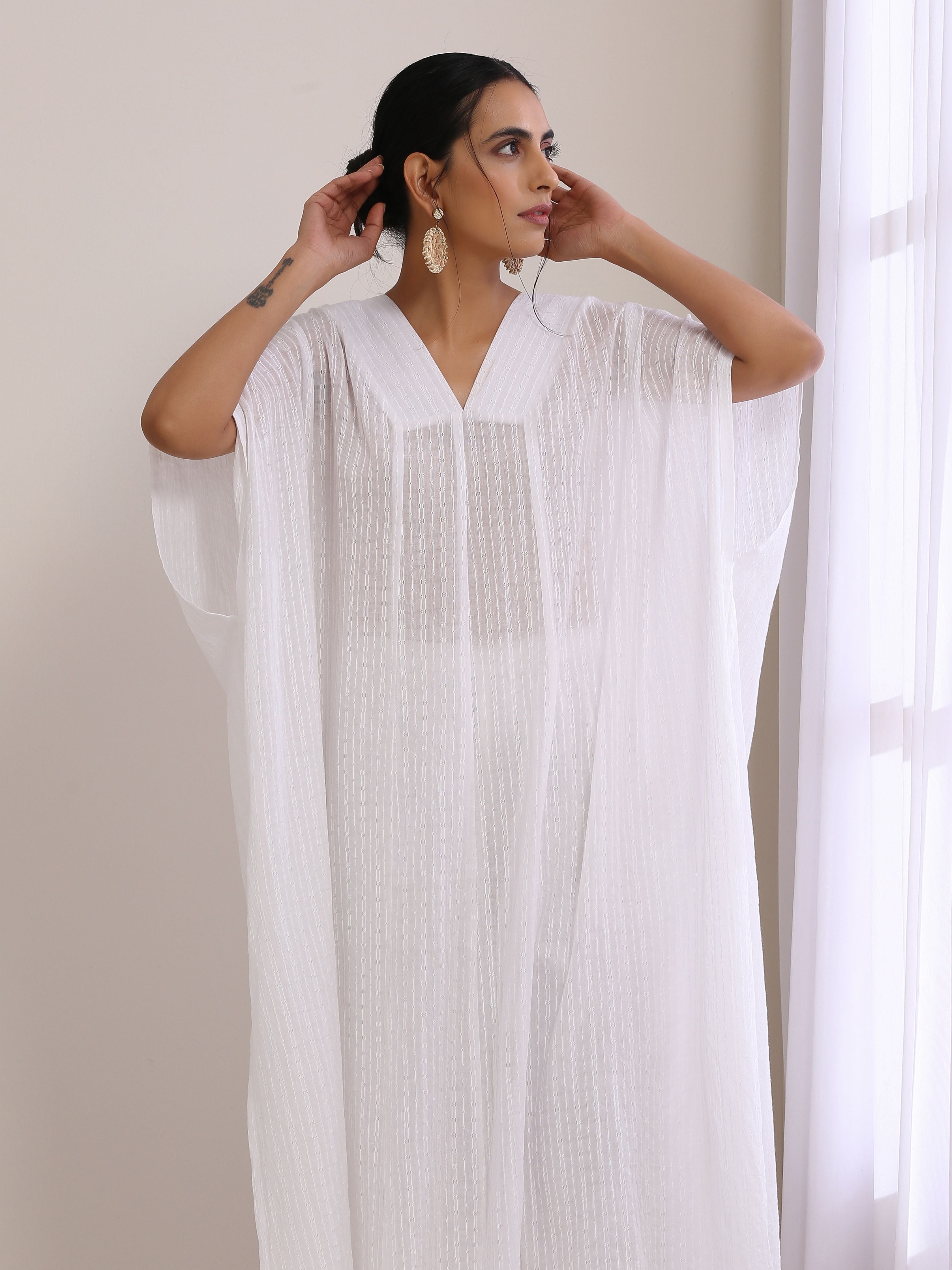 trueBrowns White Dobby Panel Kaftan Kurta Pant Set | Grocsy