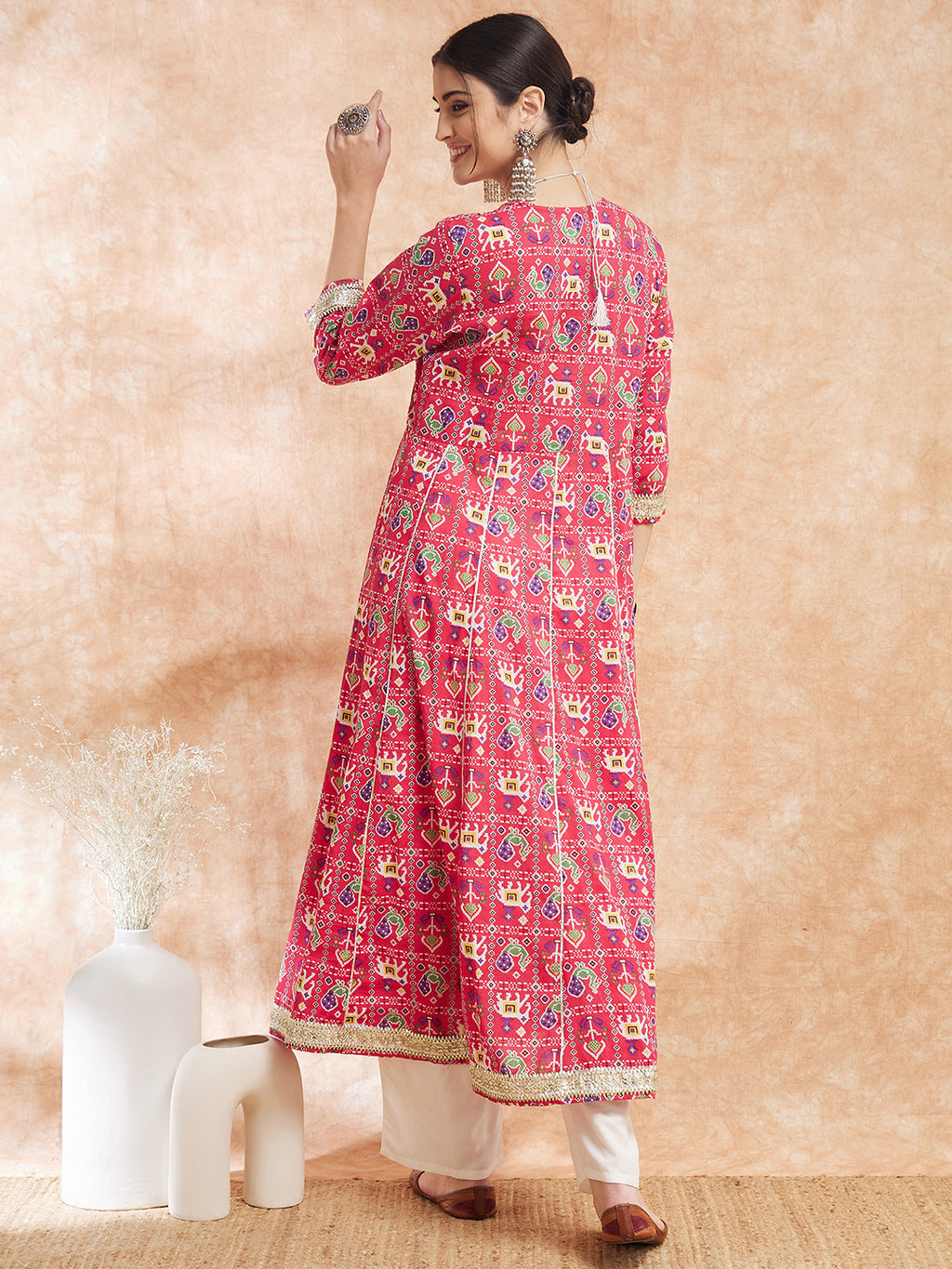 InWeave Women's Pink Patola Printed Gota Embroidered Anarkali Kurta | Grocsy