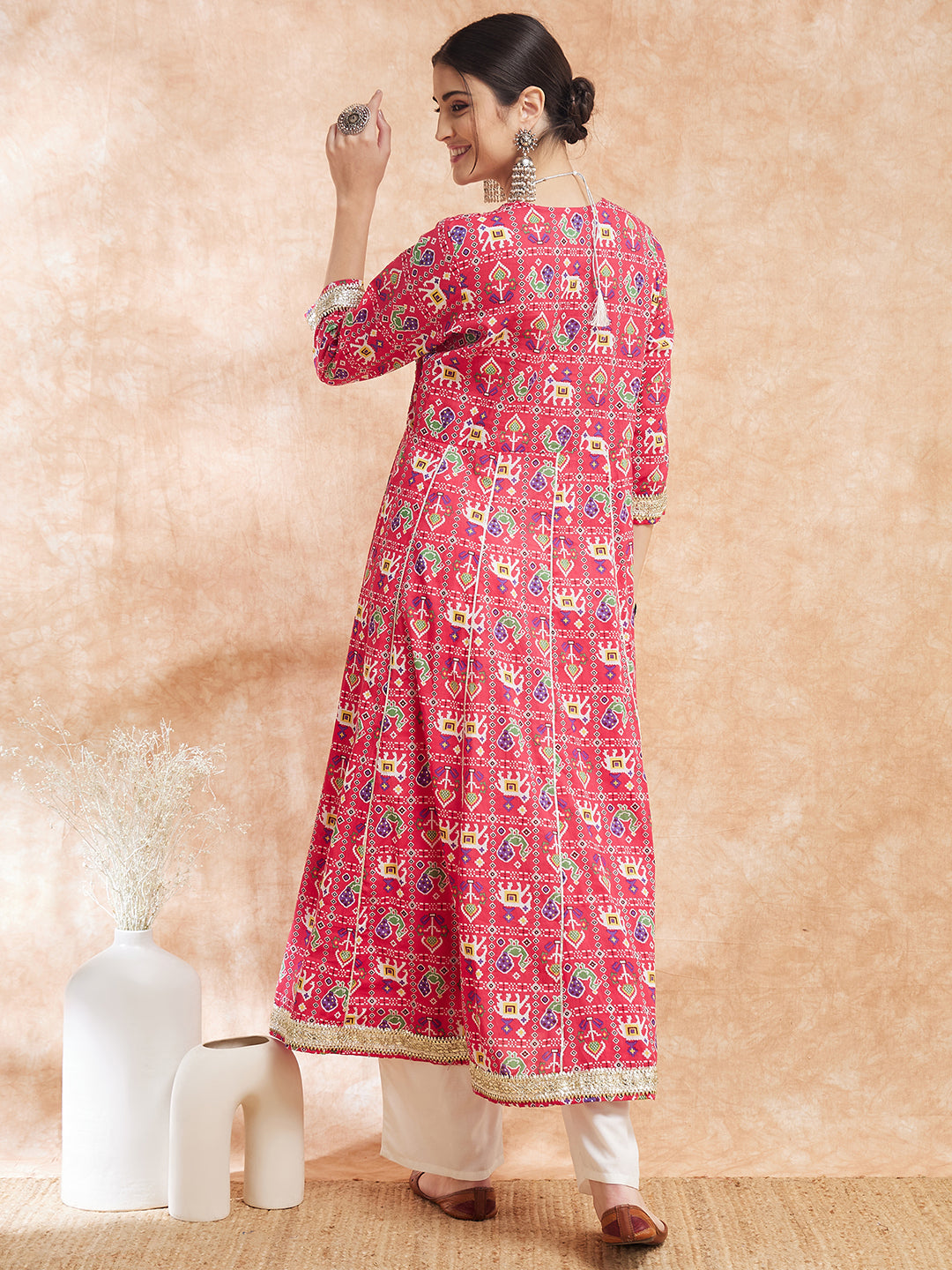 InWeave Women's Pink Patola Printed Gota Embroidered Anarkali Kurta | Grocsy