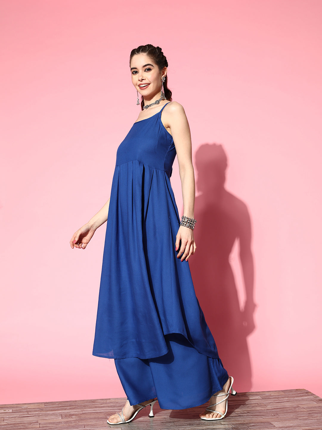 InWeave Ink Blue Strappy Set With Green Floral Long Organza Cape | Grocsy