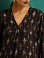 trueBrowns Black Tonal Ikat Muslin Silk Printed V-Neck Front Pleat Co-ord Set | Grocsy