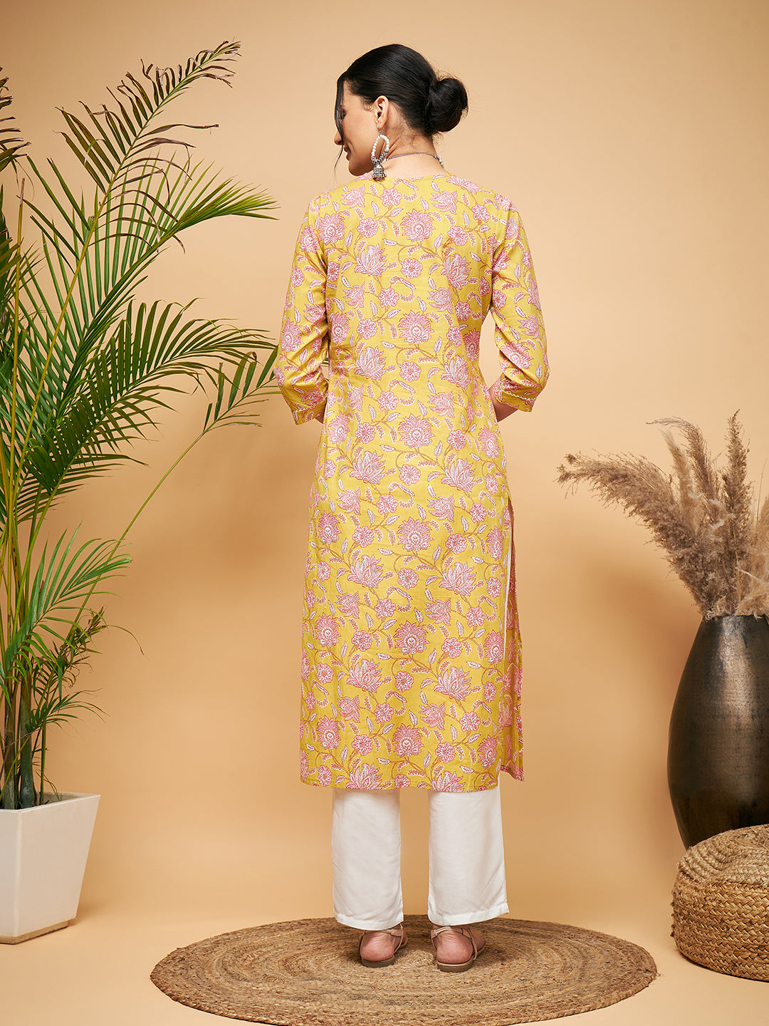 InWeave Women's Lime Pink Print Patch Cotton Straight Kurta Pant Set | Grocsy