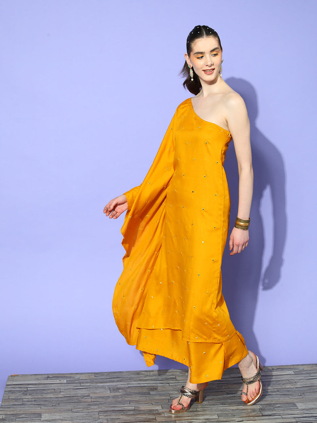 InWeave Women's Mustard Mirror Work One Shoulder Kurta Set | Grocsy