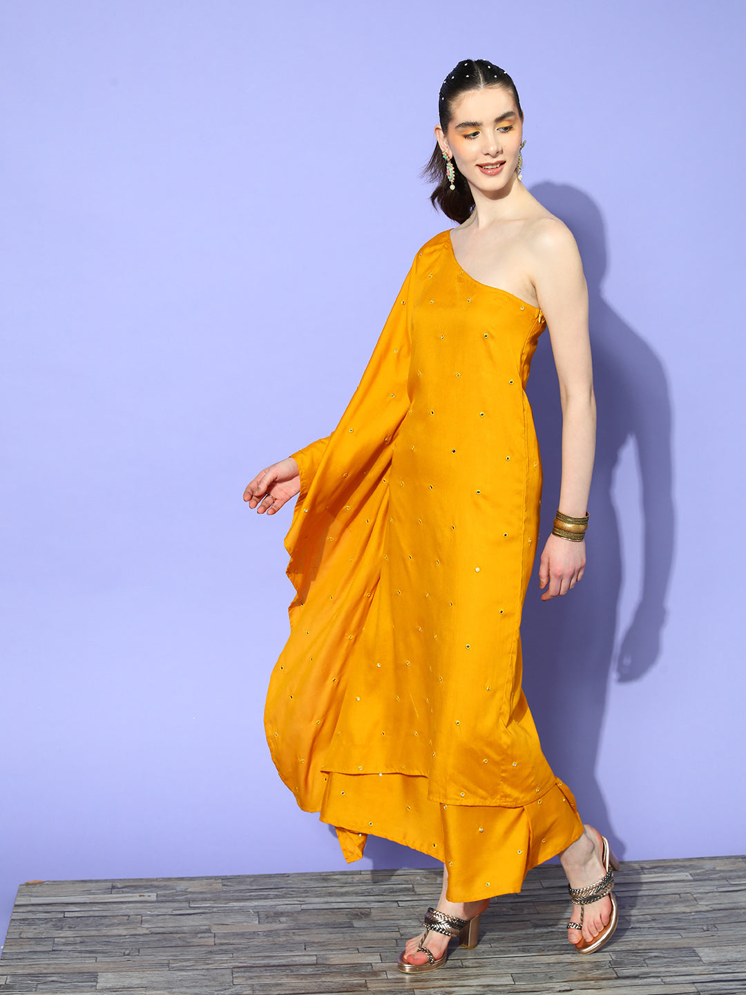 InWeave Women's Mustard Mirror Work One Shoulder Kurta Set | Grocsy