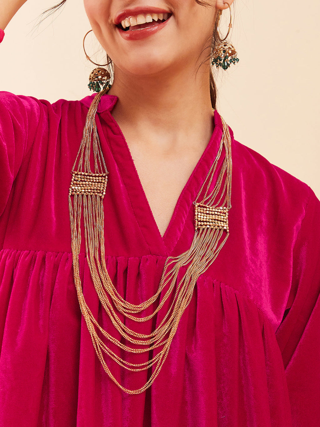 InWeave Women's Fuchsia Velvet Manderia V Neck Flared Dress | Grocsy
