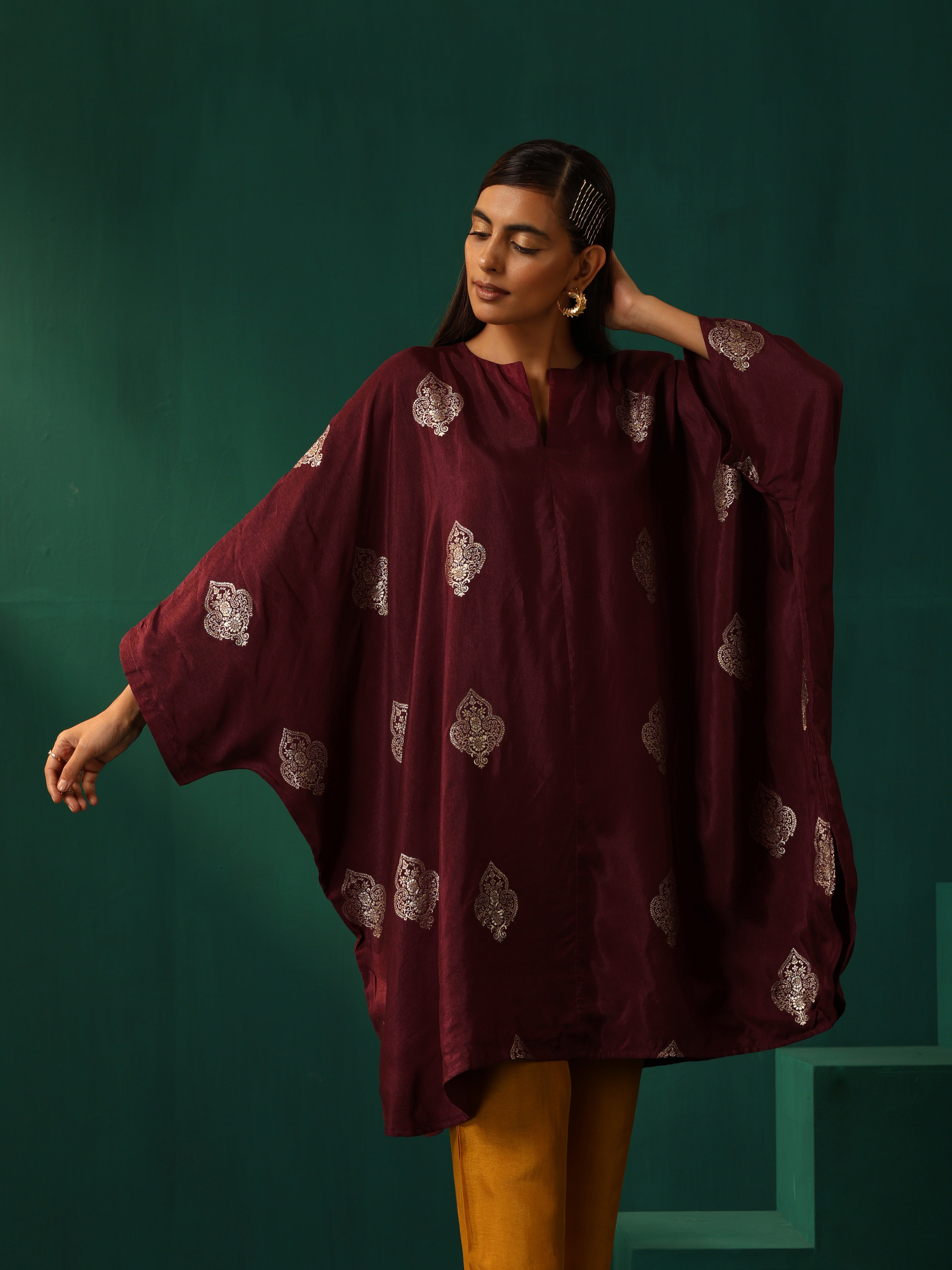trueBrowns Wine Geometric Viscose Silk Kaftan Kurta Pant Set | Grocsy