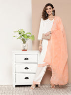 InWeave Women's Cream Straight Kurta Set W Peach White Print Organza Dupatta | Grocsy